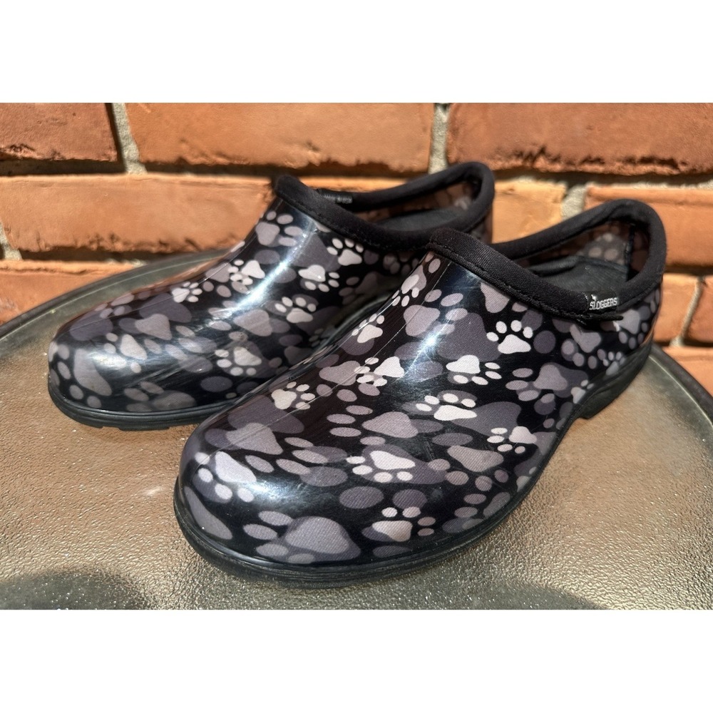 Clogs Sloggers PAW PRINT Black & White Cat/Dog Garden Shoes Size 8 Waterproof
